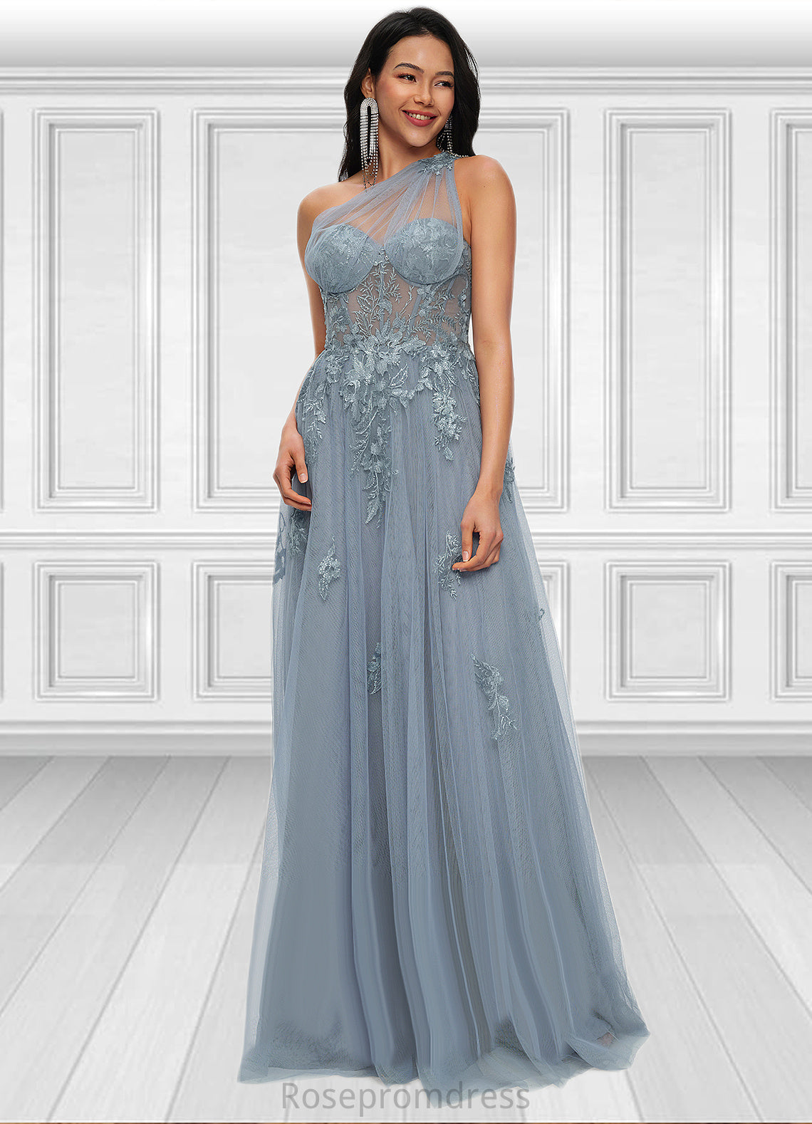 Izabella A-line One Shoulder Floor-Length Tulle Prom Dresses With Appliques Lace Sequins SRSP0022200