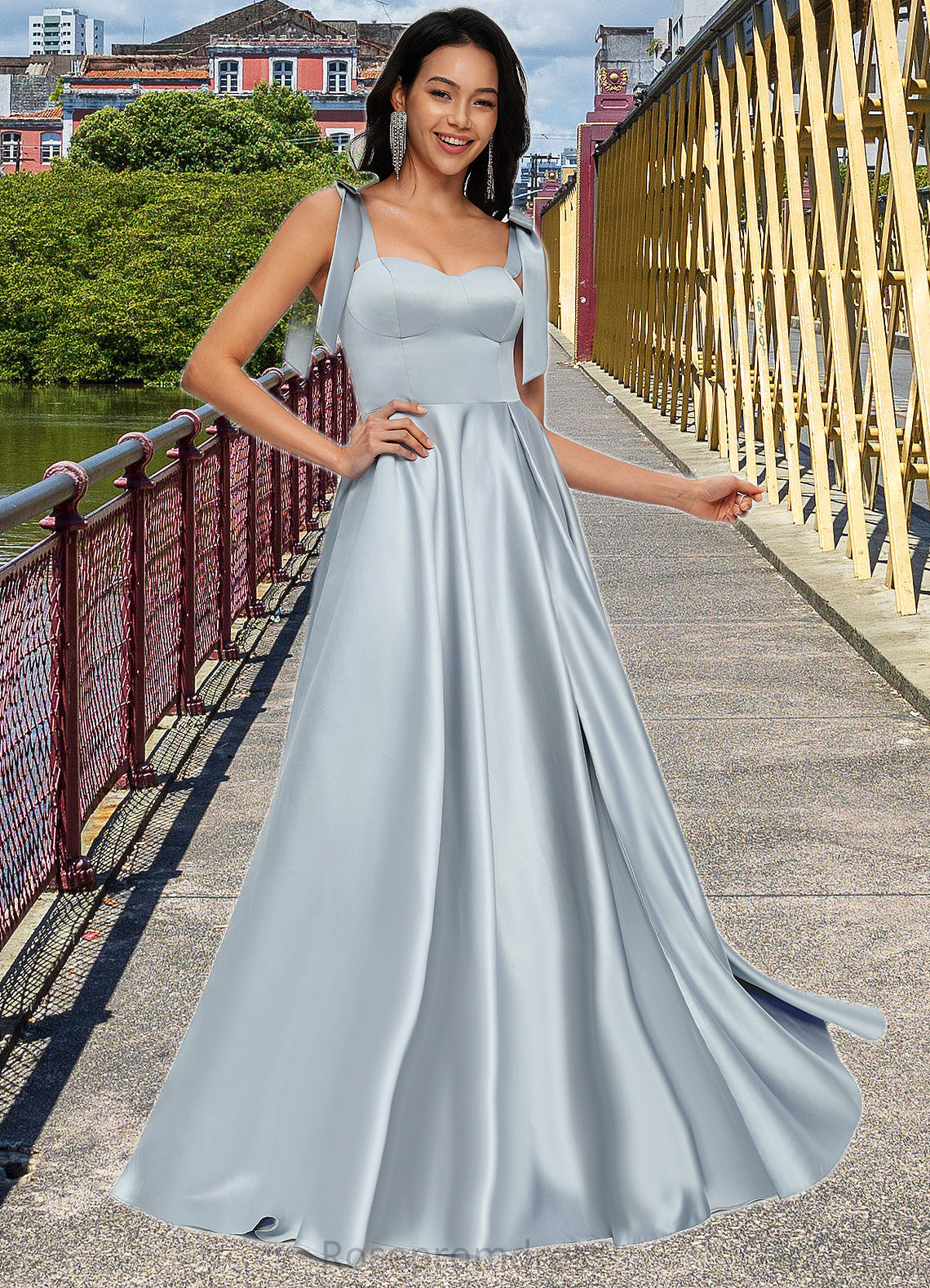 Selina A-line Sweetheart Sweep Train Satin Prom Dresses With Bow SRSP0022203