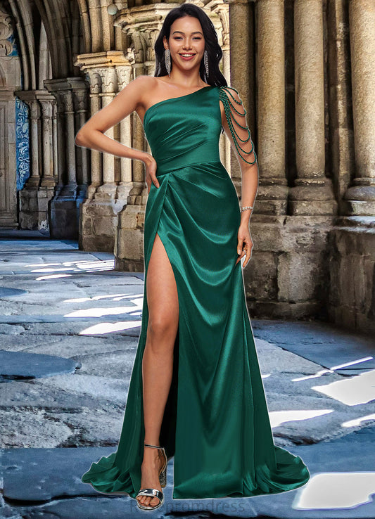 Maren Trumpet/Mermaid One Shoulder Sweep Train Stretch Satin Prom Dresses With Beading SRSP0022205