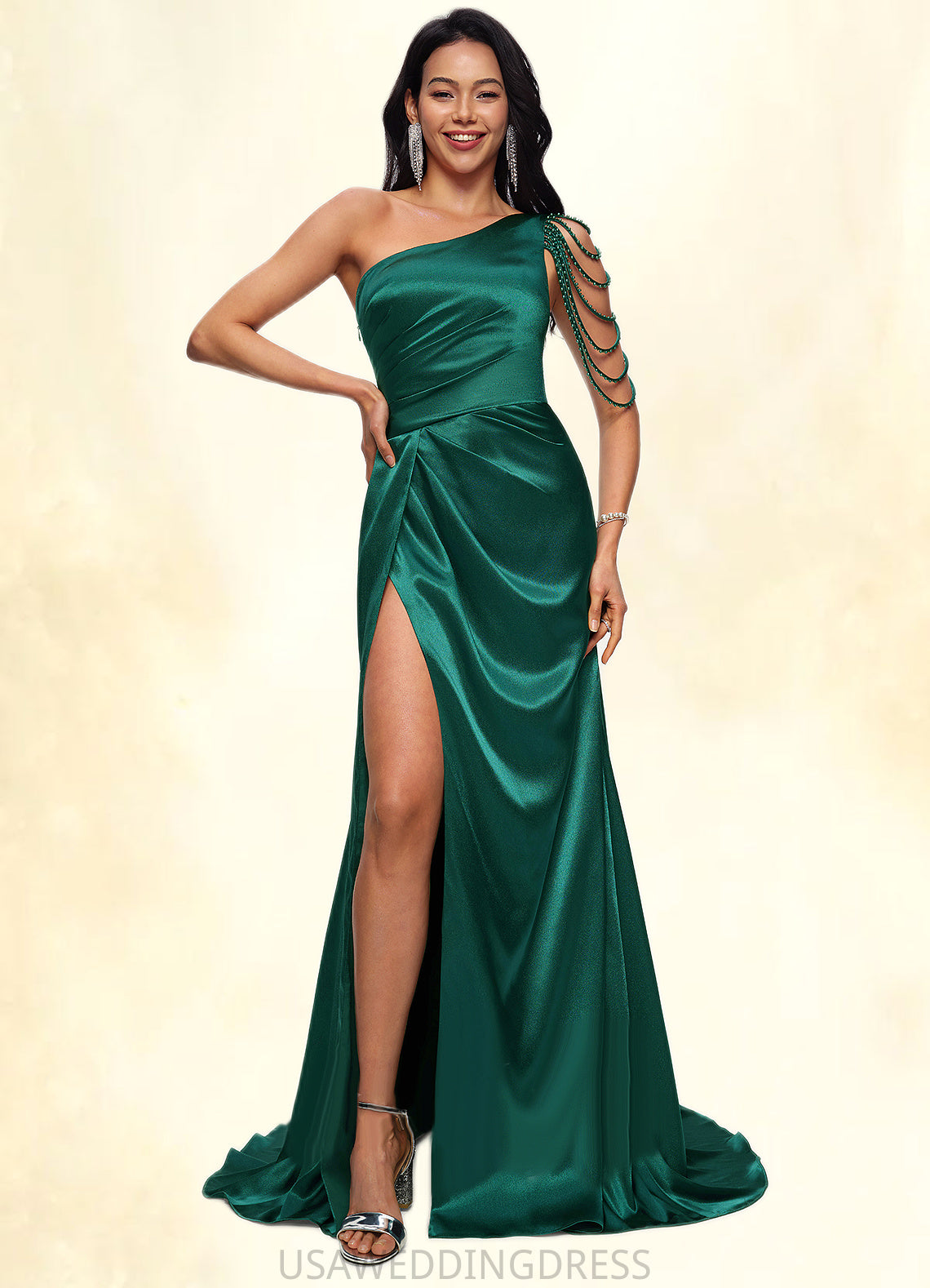 Hayley Trumpet/Mermaid One Shoulder Sweep Train Stretch Satin Prom Dresses With Beading DSP0022205