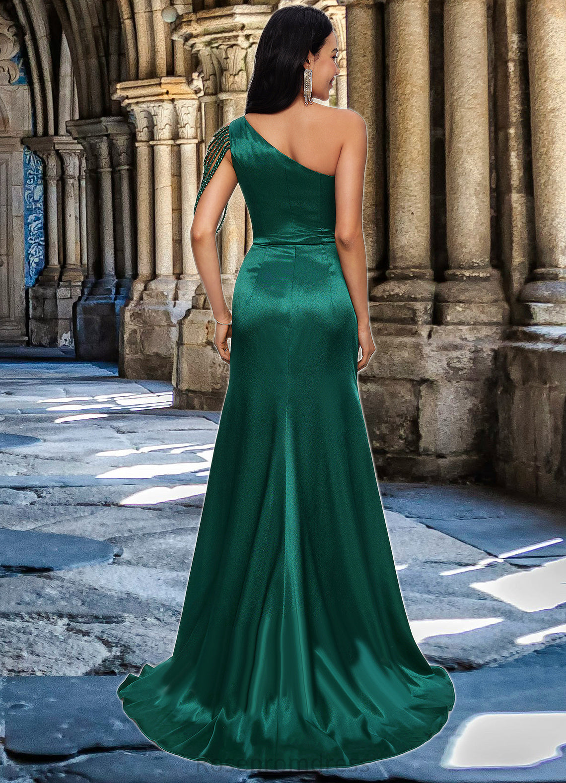 Maren Trumpet/Mermaid One Shoulder Sweep Train Stretch Satin Prom Dresses With Beading SRSP0022205