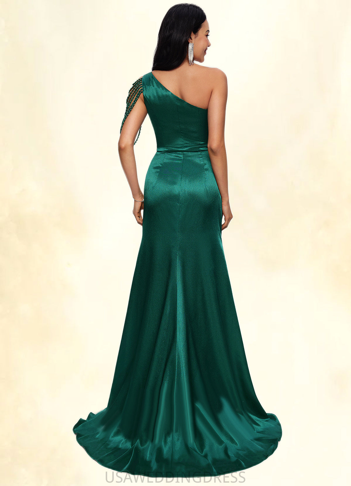 Hayley Trumpet/Mermaid One Shoulder Sweep Train Stretch Satin Prom Dresses With Beading DSP0022205