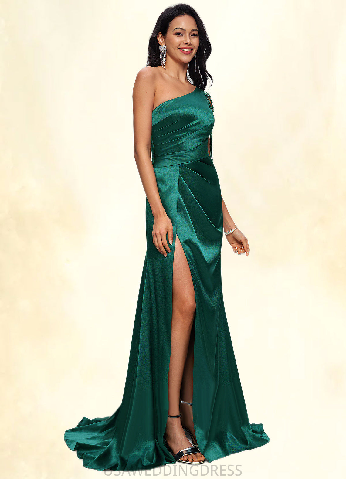 Hayley Trumpet/Mermaid One Shoulder Sweep Train Stretch Satin Prom Dresses With Beading DSP0022205