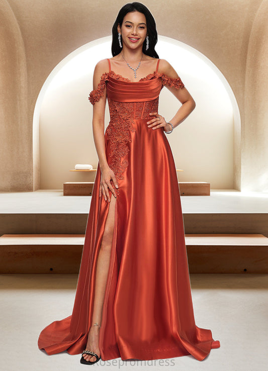 Avah A-line Off the Shoulder Sweep Train Satin Prom Dresses With Rhinestone SRSP0022208