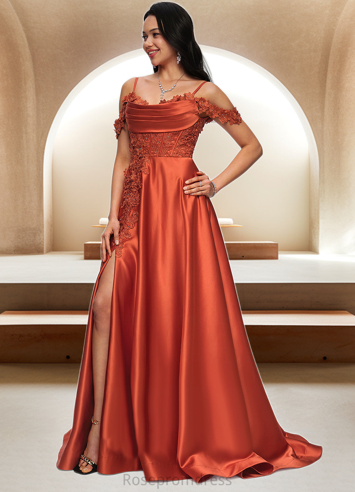 Avah A-line Off the Shoulder Sweep Train Satin Prom Dresses With Rhinestone SRSP0022208