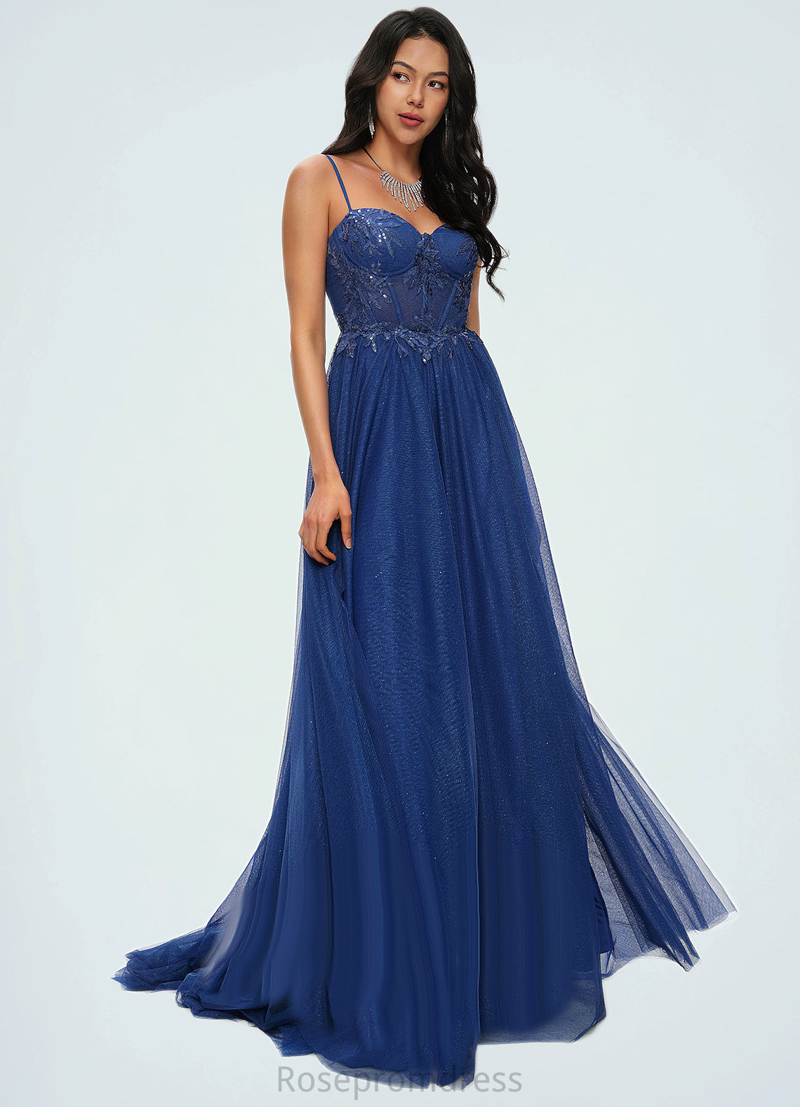 Rachael Ball-Gown/Princess Sweetheart Sweep Train Tulle Prom Dresses With Appliques Lace Sequins SRSP0022210