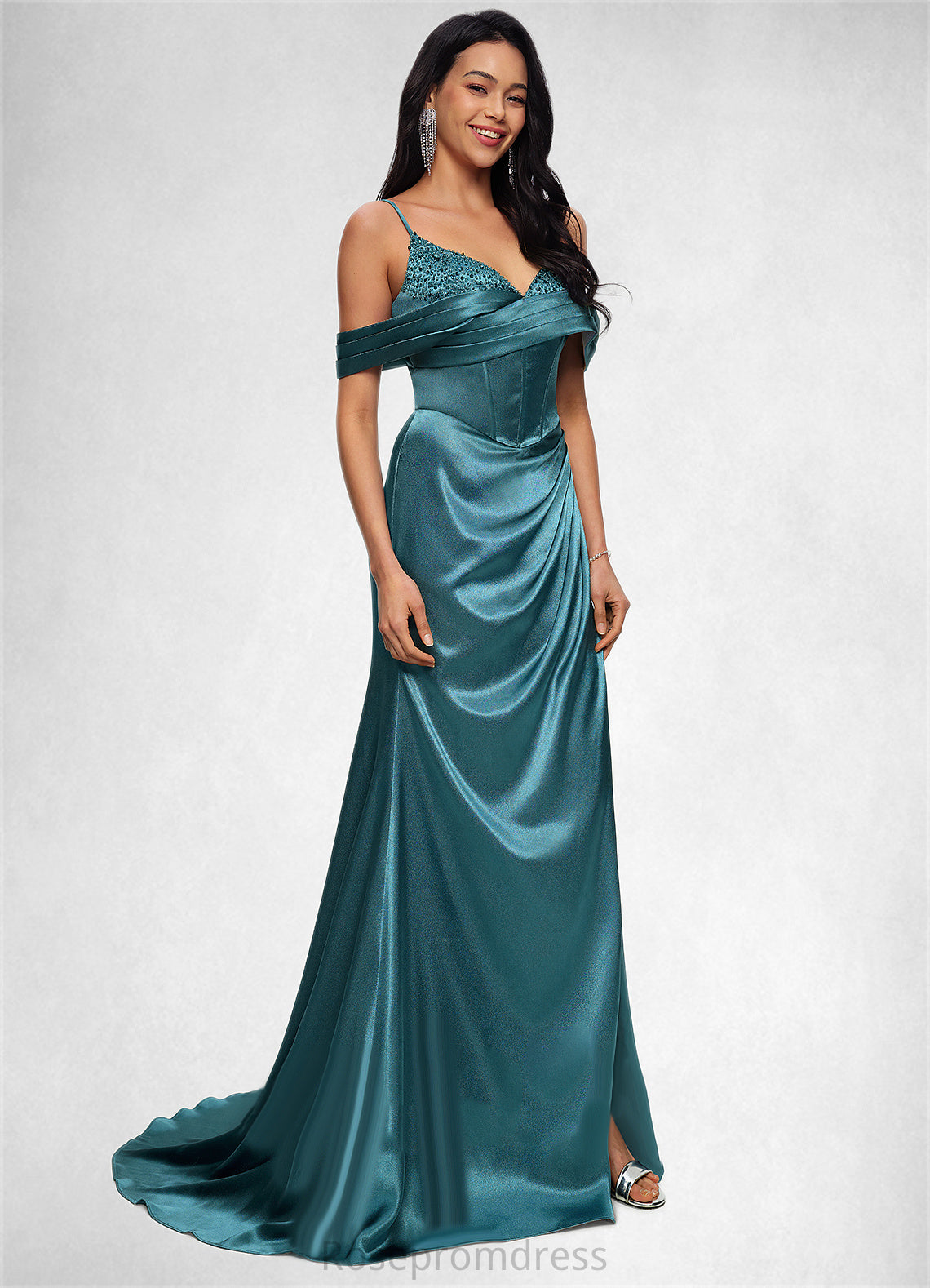 Deanna Trumpet/Mermaid V-Neck Sweep Train Stretch Satin Prom Dresses With Beading Rhinestone Sequins SRSP0022213