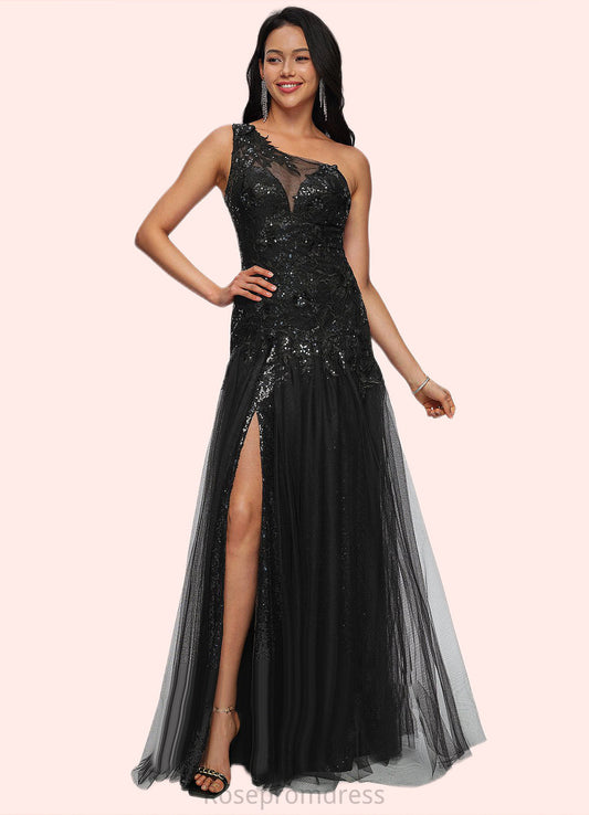 Ingrid Trumpet/Mermaid One Shoulder Illusion Floor-Length Lace Tulle Prom Dresses With Sequins SRSP0022217