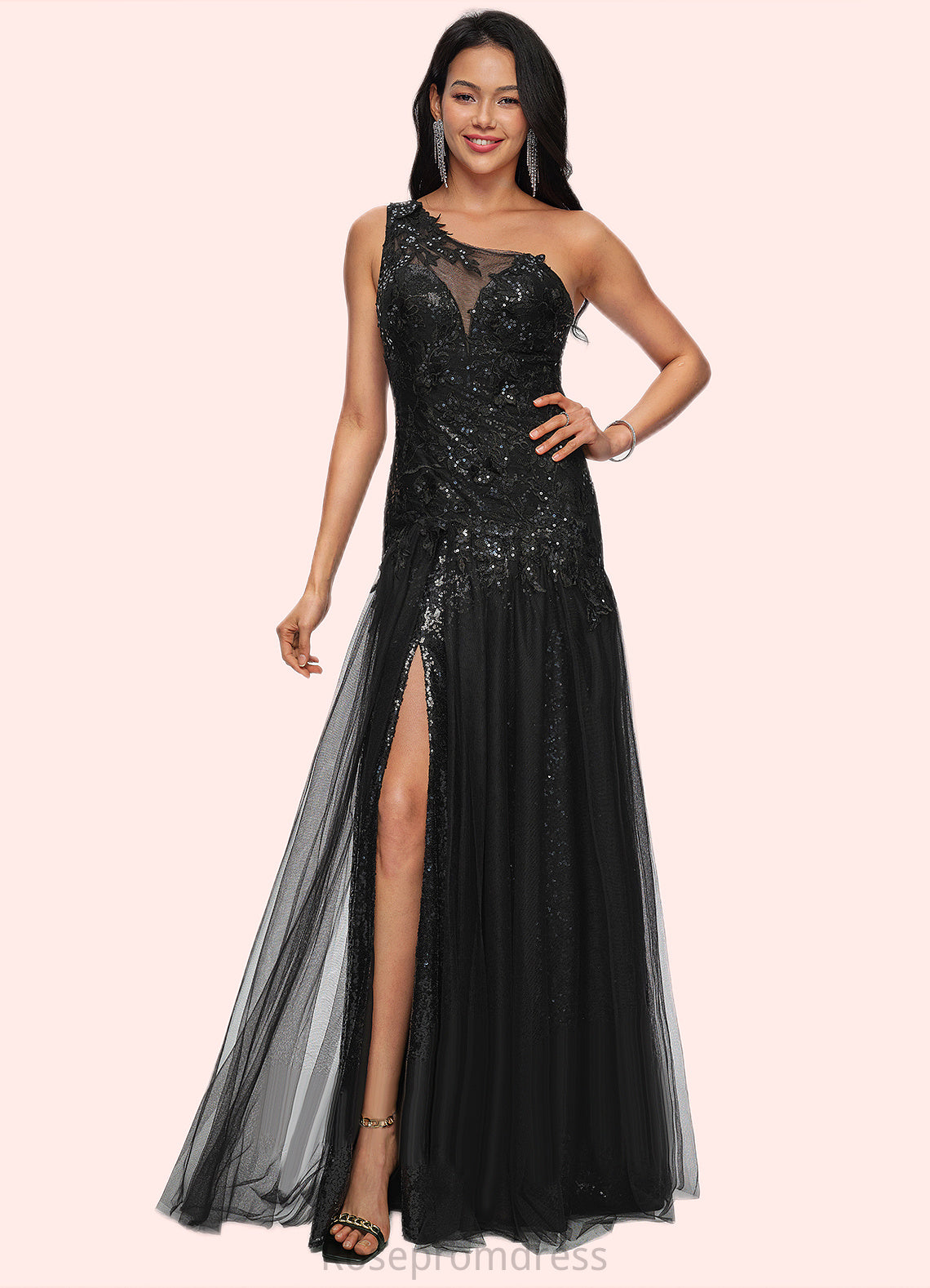 Ingrid Trumpet/Mermaid One Shoulder Illusion Floor-Length Lace Tulle Prom Dresses With Sequins SRSP0022217