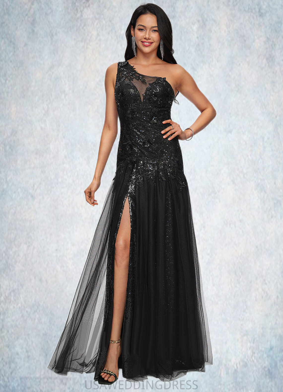 Justine Trumpet/Mermaid One Shoulder Illusion Floor-Length Lace Tulle Prom Dresses With Sequins DSP0022217