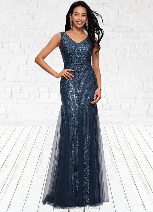 Danielle Sheath/Column V-Neck Floor-Length Sequin Prom Dresses SRSP0022218