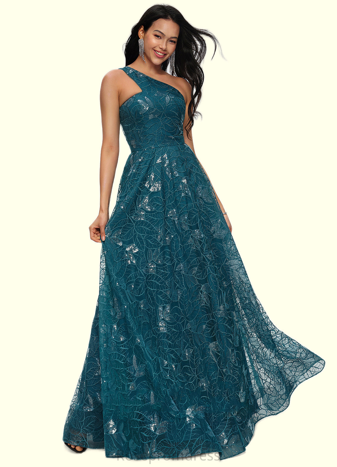 Makaila A-line Asymmetrical Floor-Length Lace Prom Dresses With Sequins SRSP0022219