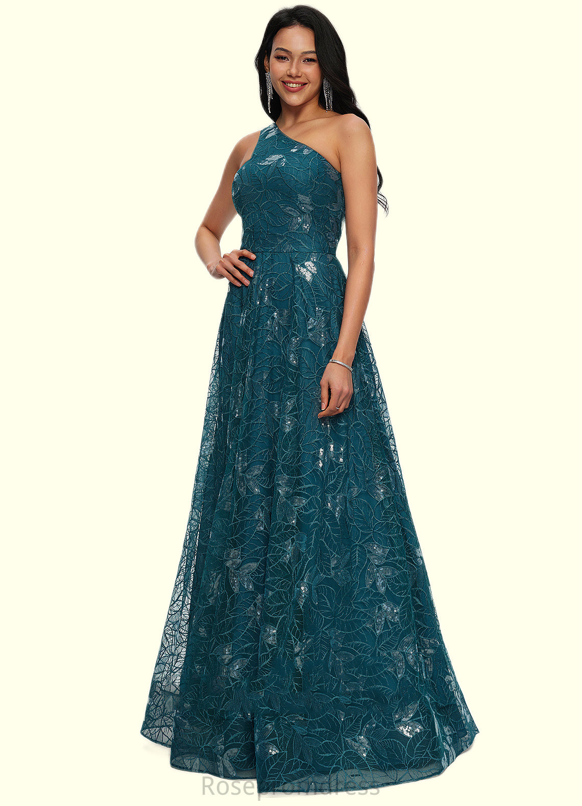 Makaila A-line Asymmetrical Floor-Length Lace Prom Dresses With Sequins SRSP0022219