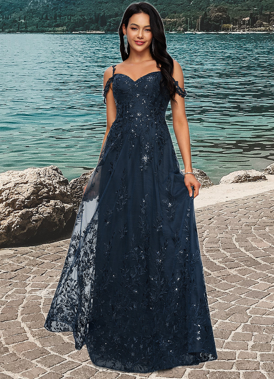 Rachel A-line V-Neck Floor-Length Lace Prom Dresses With Sequins SRSP0022222