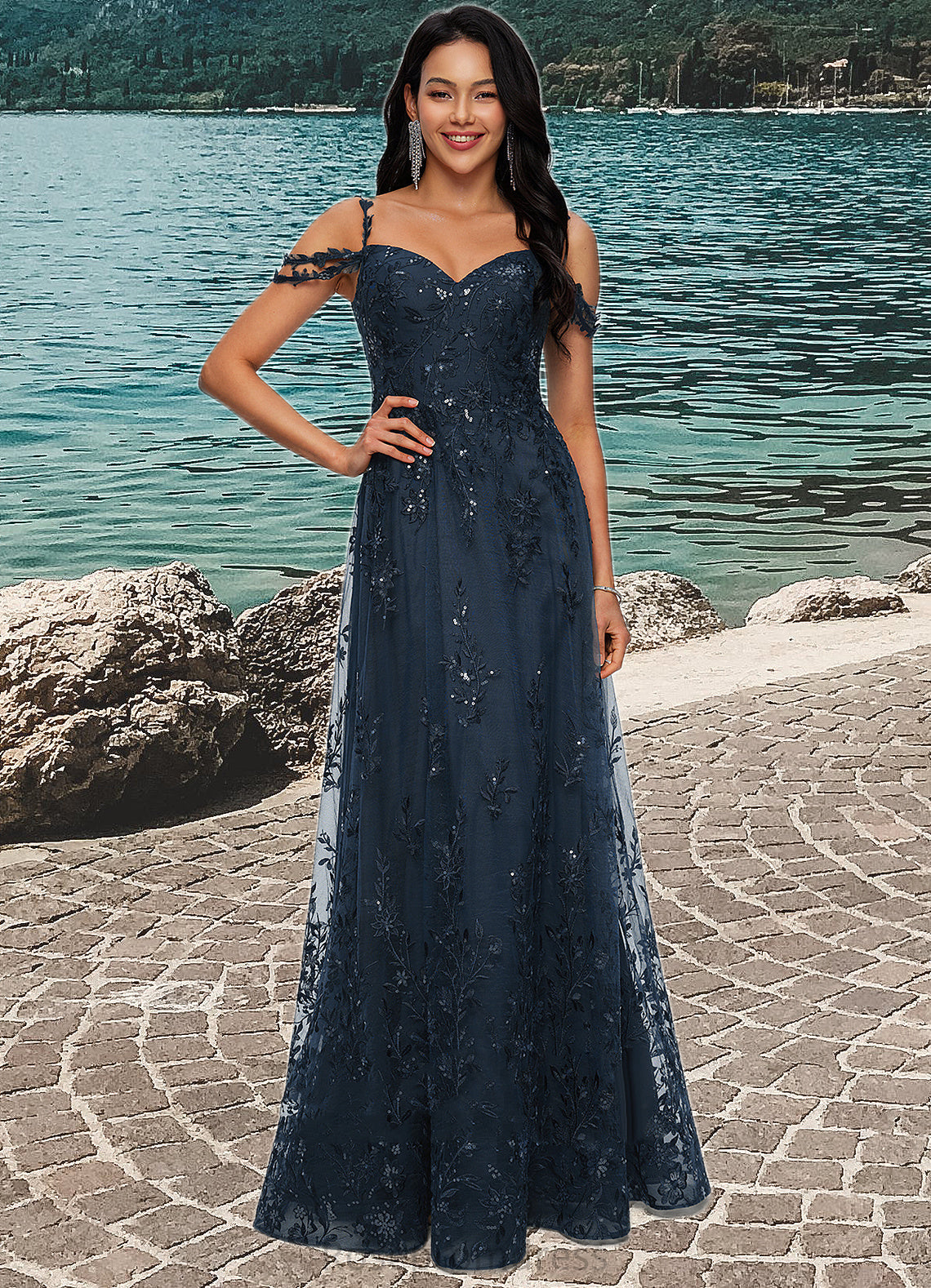 Rachel A-line V-Neck Floor-Length Lace Prom Dresses With Sequins SRSP0022222