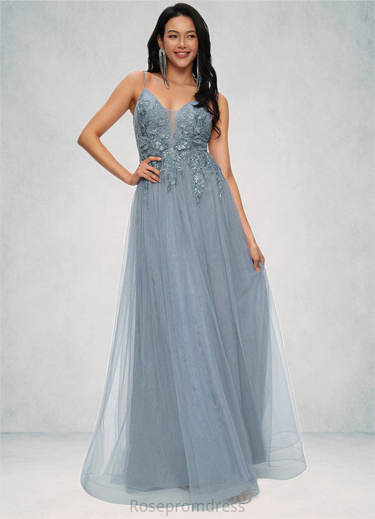 Nathalia A-line V-Neck Floor-Length Tulle Prom Dresses With Appliques Lace Sequins SRSP0022223