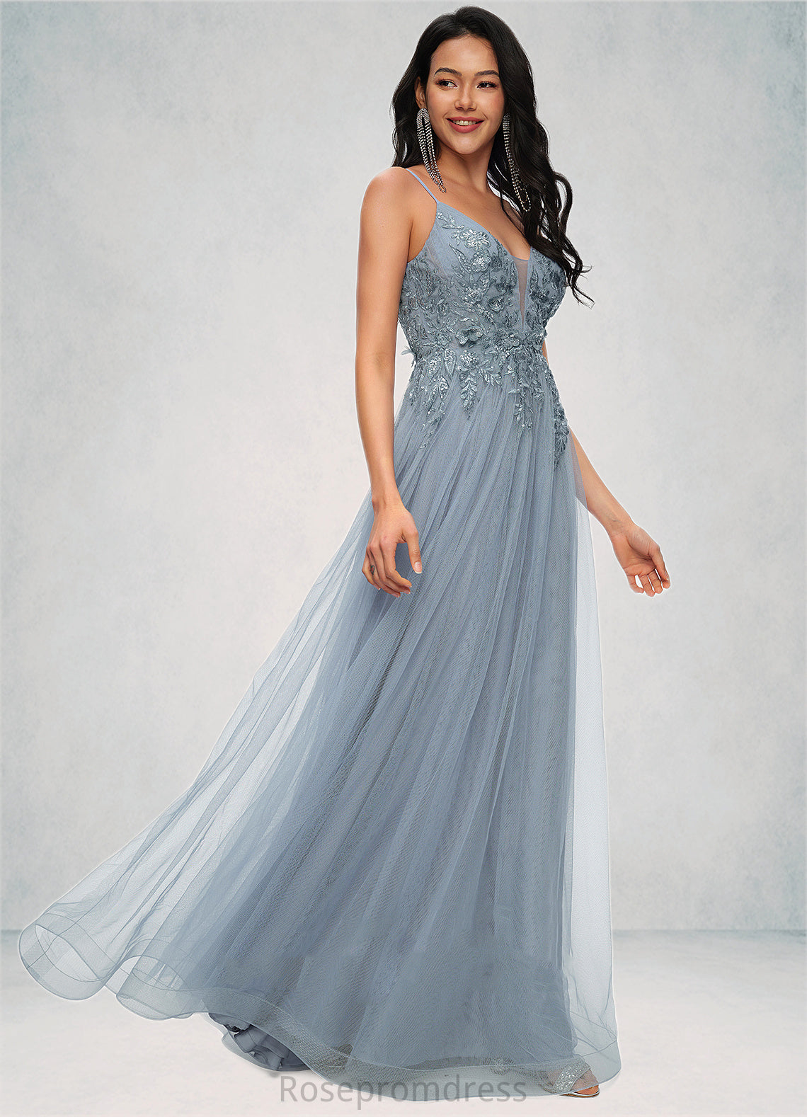 Nathalia A-line V-Neck Floor-Length Tulle Prom Dresses With Appliques Lace Sequins SRSP0022223