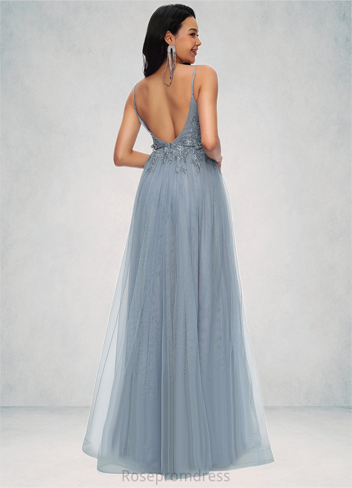 Nathalia A-line V-Neck Floor-Length Tulle Prom Dresses With Appliques Lace Sequins SRSP0022223