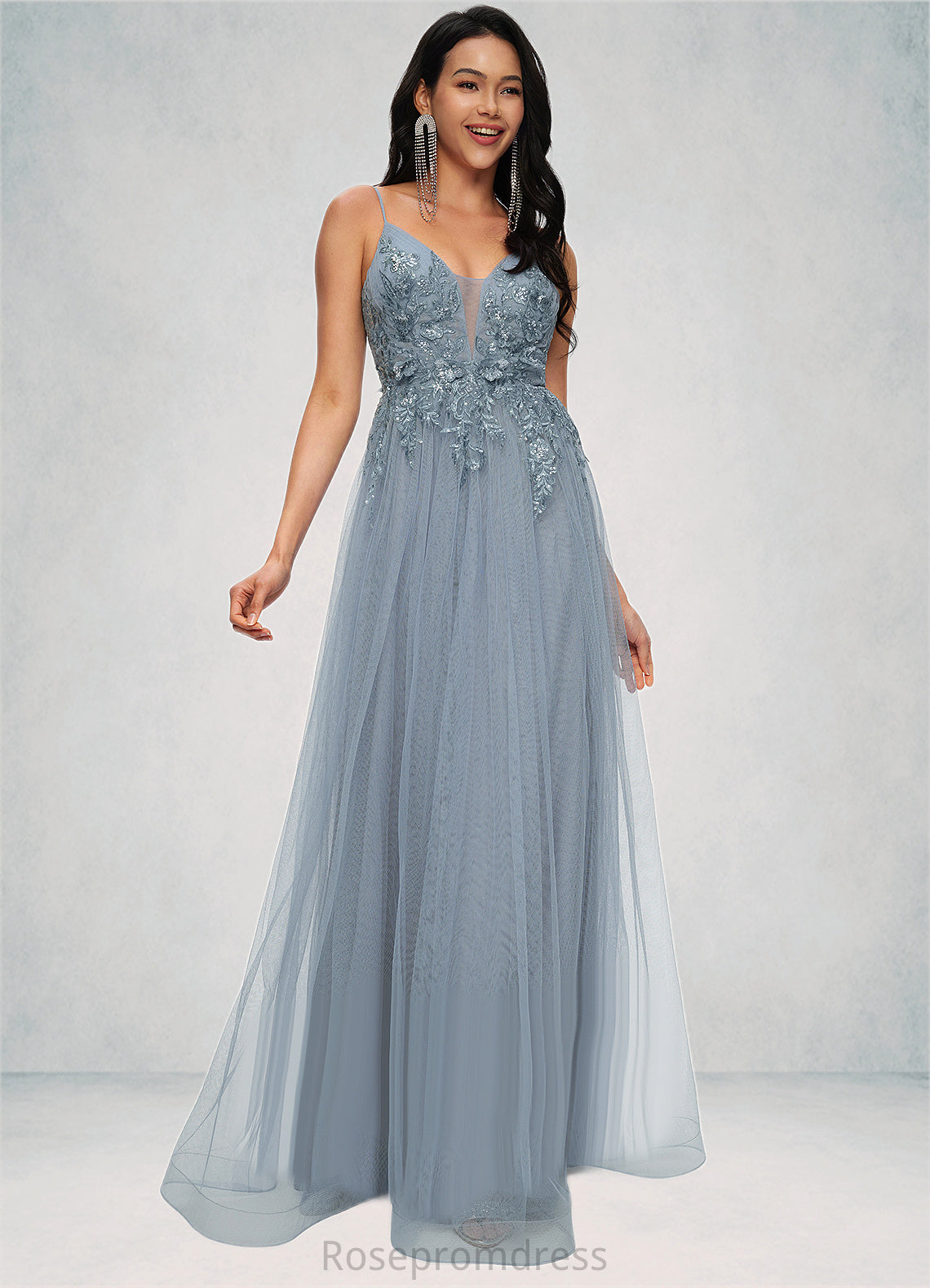 Nathalia A-line V-Neck Floor-Length Tulle Prom Dresses With Appliques Lace Sequins SRSP0022223