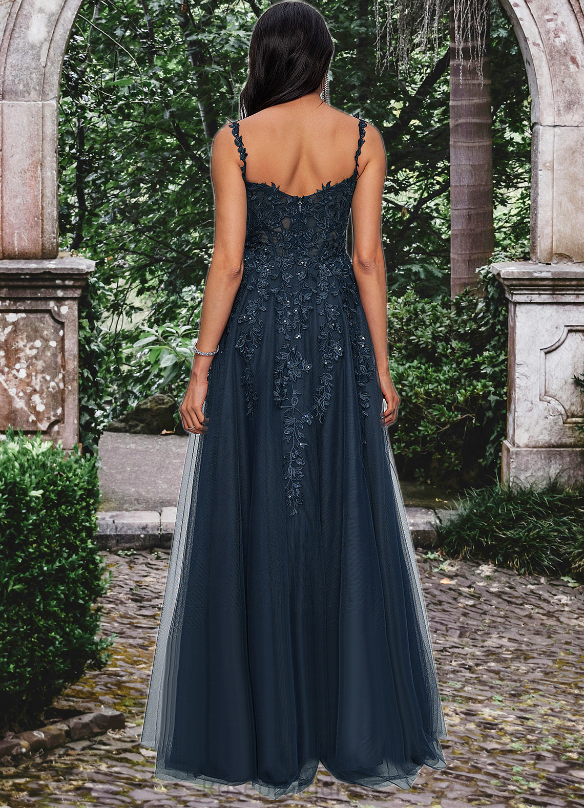 Kiera A-line V-Neck Floor-Length Tulle Prom Dresses With Sequins SRSP0022224