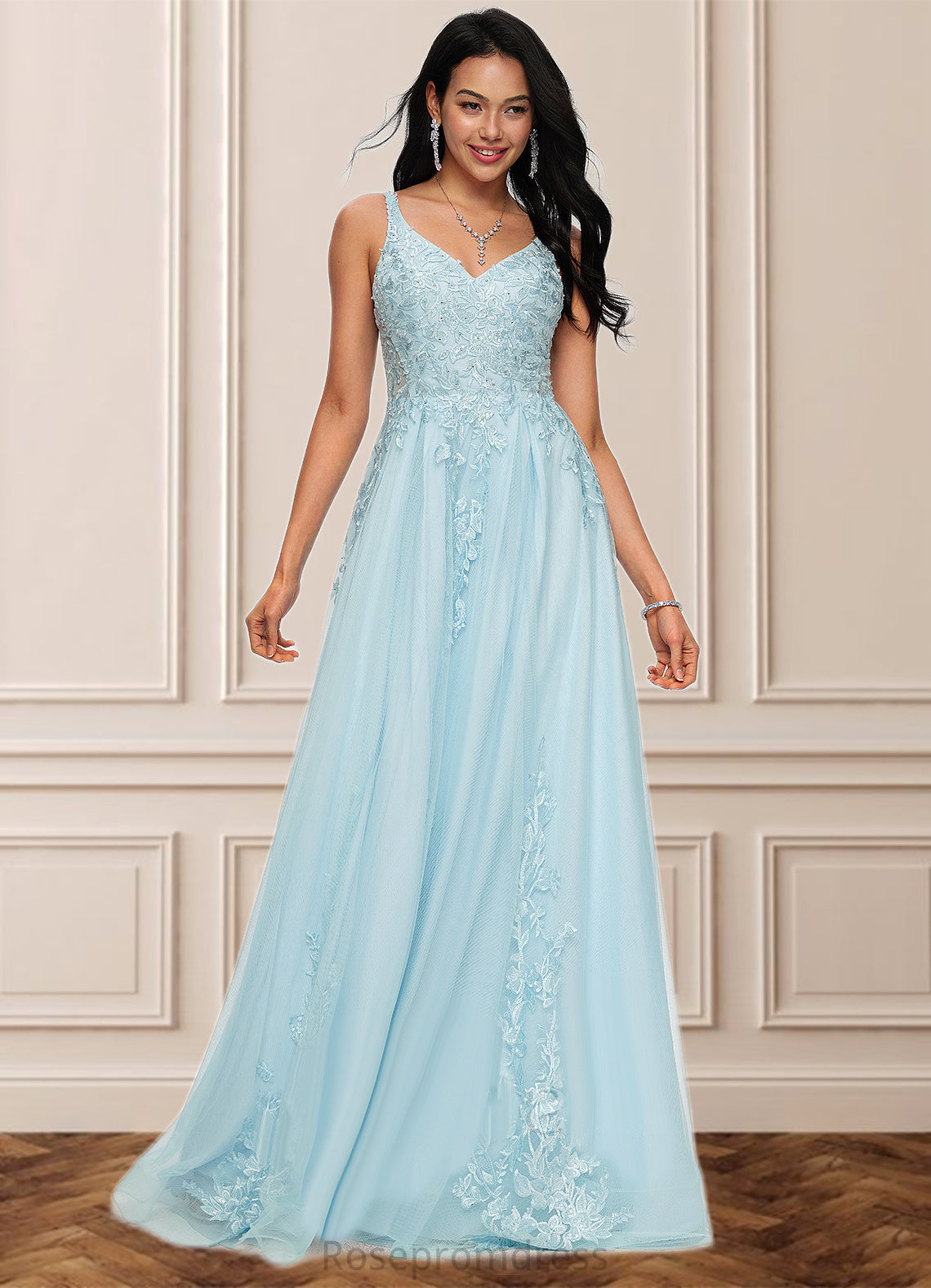 Tabitha A-line V-Neck Floor-Length Tulle Prom Dresses With Rhinestone Appliques Lace Sequins SRSP0022225