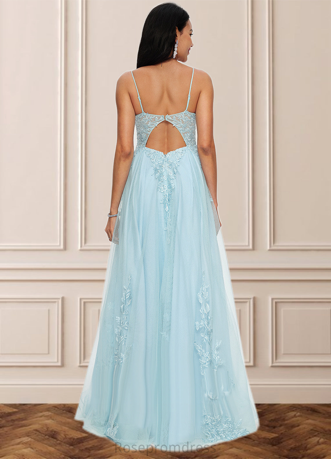 Tabitha A-line V-Neck Floor-Length Tulle Prom Dresses With Rhinestone Appliques Lace Sequins SRSP0022225