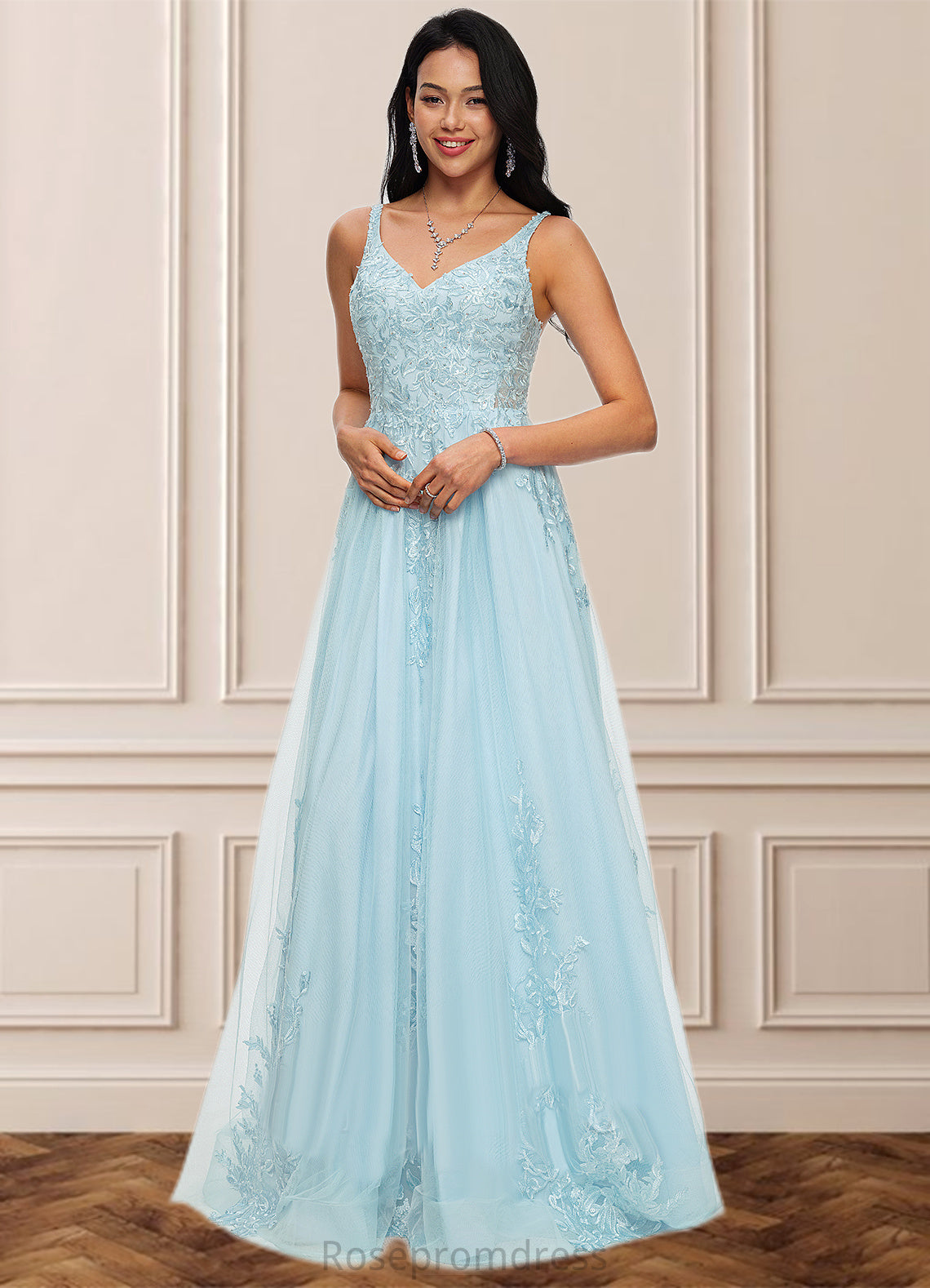 Tabitha A-line V-Neck Floor-Length Tulle Prom Dresses With Rhinestone Appliques Lace Sequins SRSP0022225