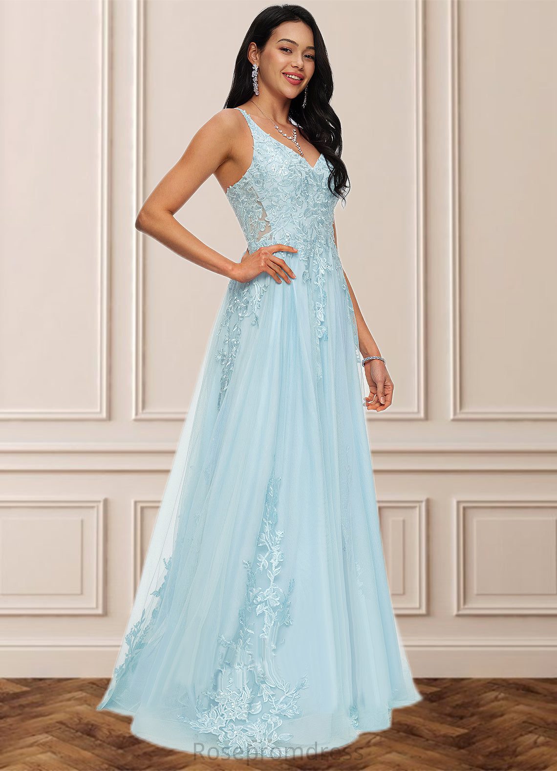 Tabitha A-line V-Neck Floor-Length Tulle Prom Dresses With Rhinestone Appliques Lace Sequins SRSP0022225