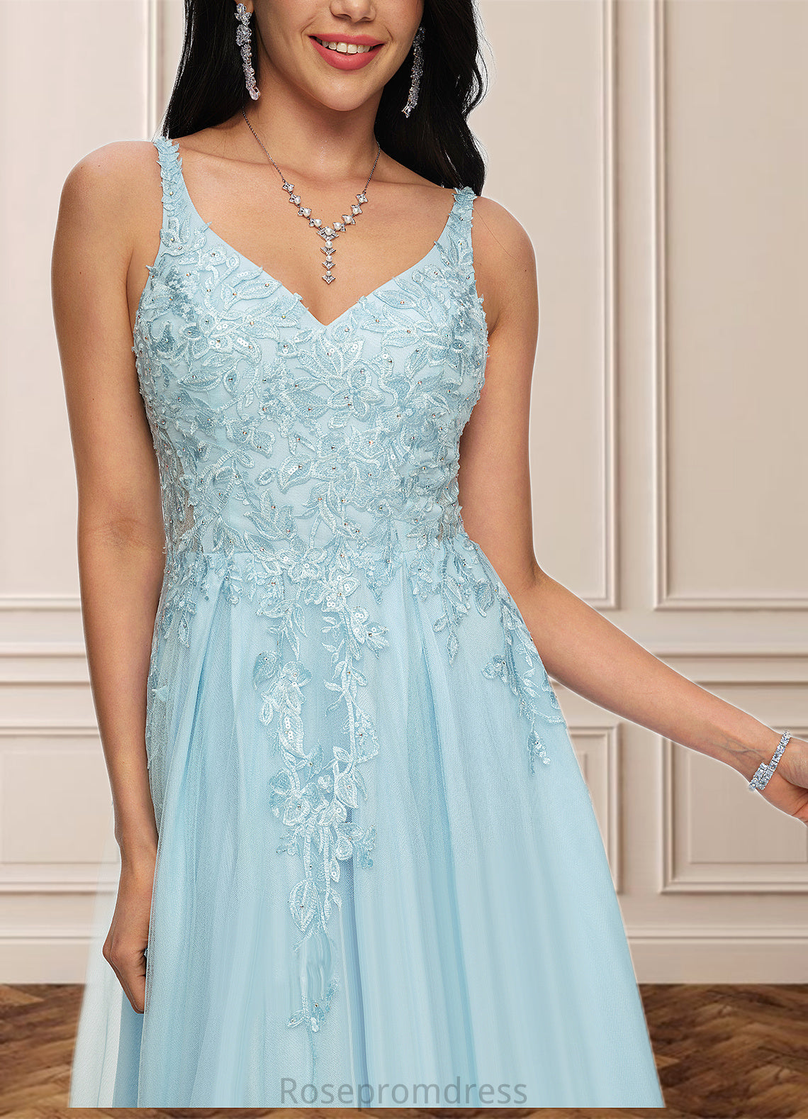 Tabitha A-line V-Neck Floor-Length Tulle Prom Dresses With Rhinestone Appliques Lace Sequins SRSP0022225