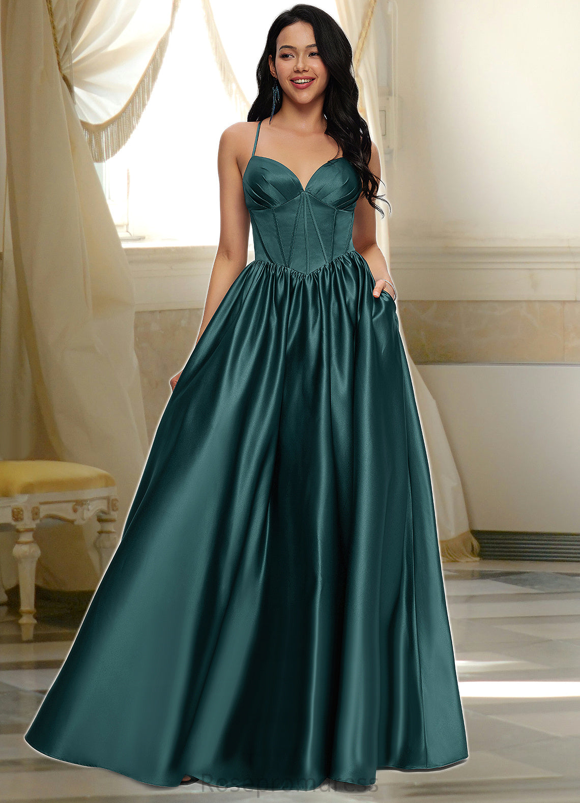 Roberta Ball-Gown/Princess V-Neck Floor-Length Satin Prom Dresses With Pleated SRSP0022230