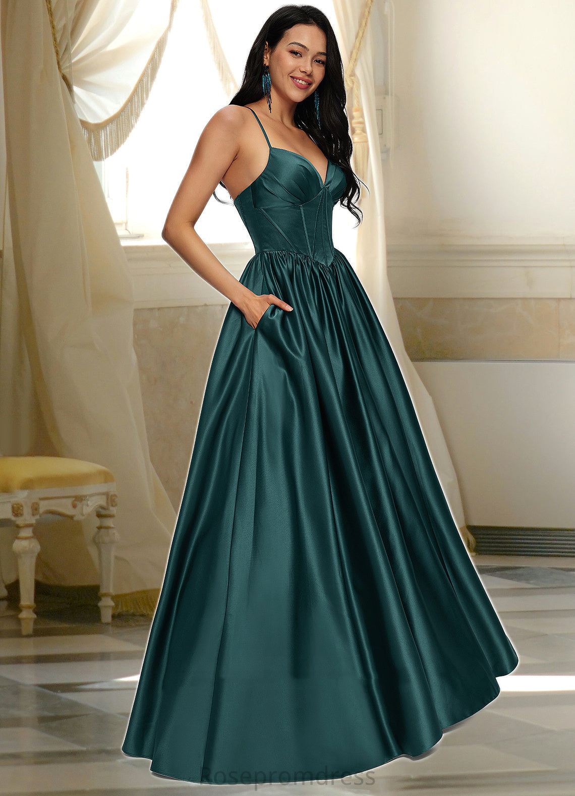 Roberta Ball-Gown/Princess V-Neck Floor-Length Satin Prom Dresses With Pleated SRSP0022230