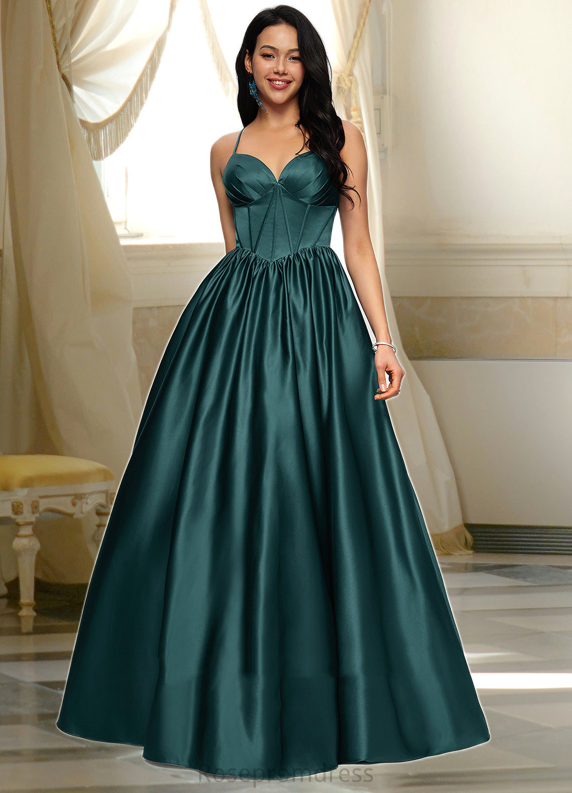 Roberta Ball-Gown/Princess V-Neck Floor-Length Satin Prom Dresses With Pleated SRSP0022230