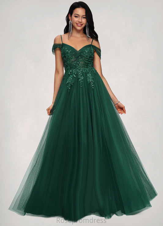 Beryl A-line Off the Shoulder Floor-Length Tulle Prom Dresses With Appliques Lace Sequins SRSP0022231