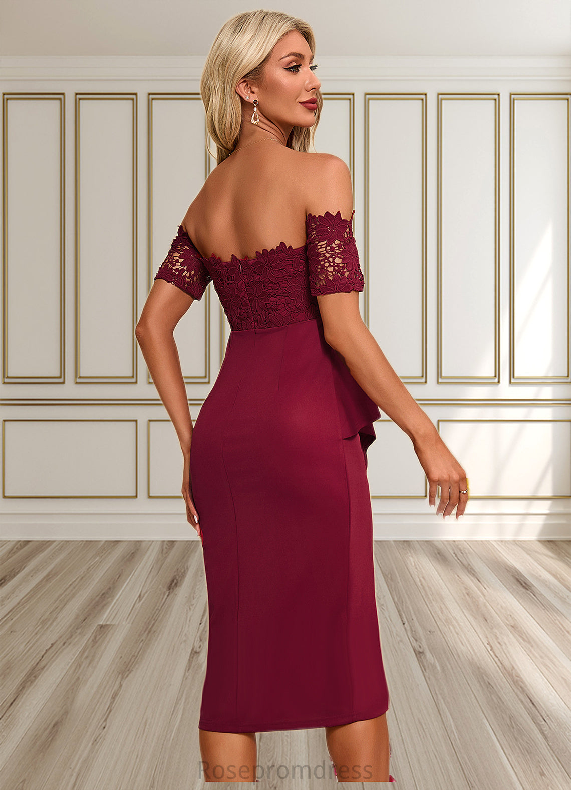 Madeline Flower Ruffle Off the Shoulder Elegant Sheath/Column Lace Polyester Asymmetrical Dresses SRSP0022276