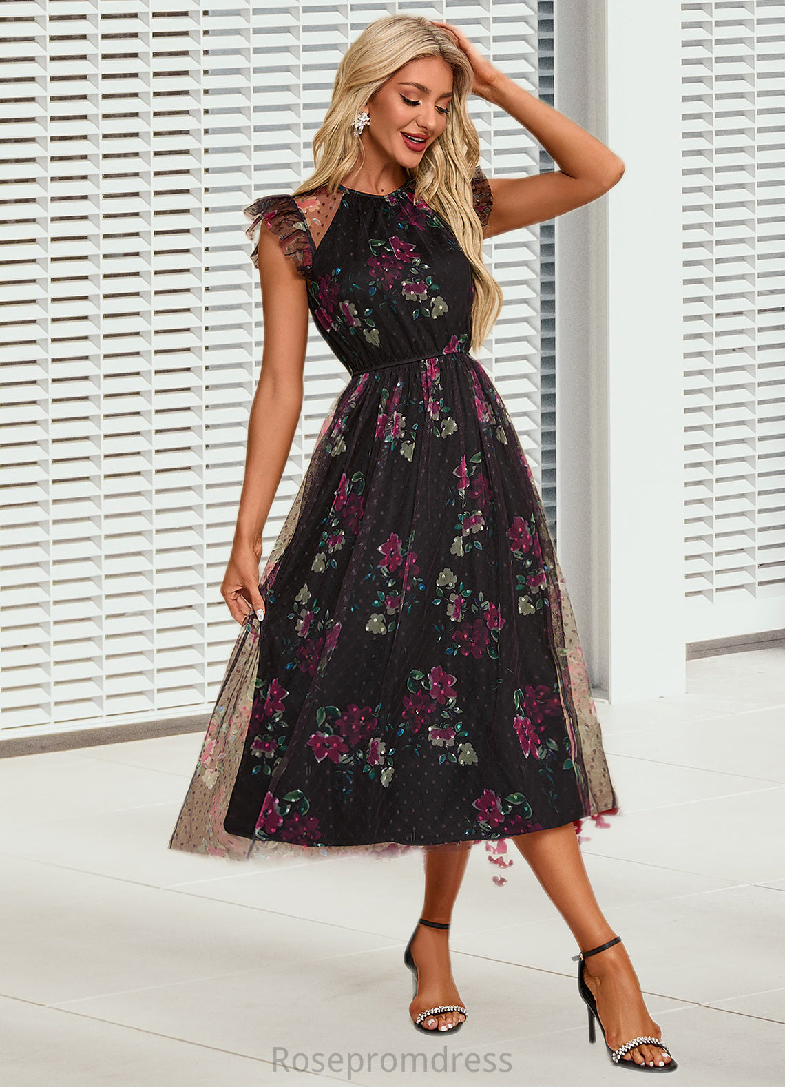 Brianna Floral Print Scoop Elegant A-line Tulle Midi Dresses SRSP0022277