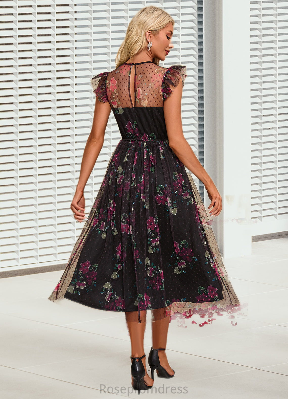 Brianna Floral Print Scoop Elegant A-line Tulle Midi Dresses SRSP0022277