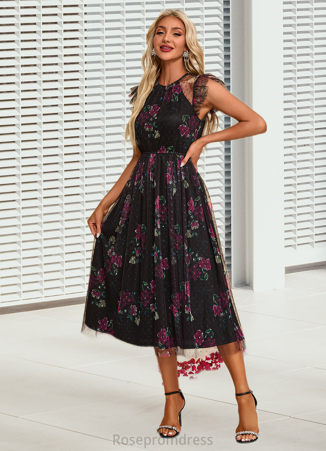 Brianna Floral Print Scoop Elegant A-line Tulle Midi Dresses SRSP0022277