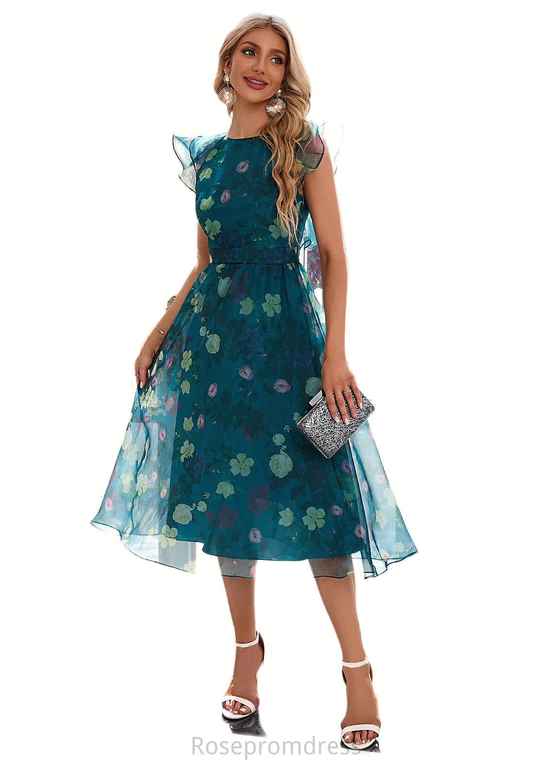 Rylie Floral Print Scoop Elegant A-line Organza Midi Dresses SRSP0022318