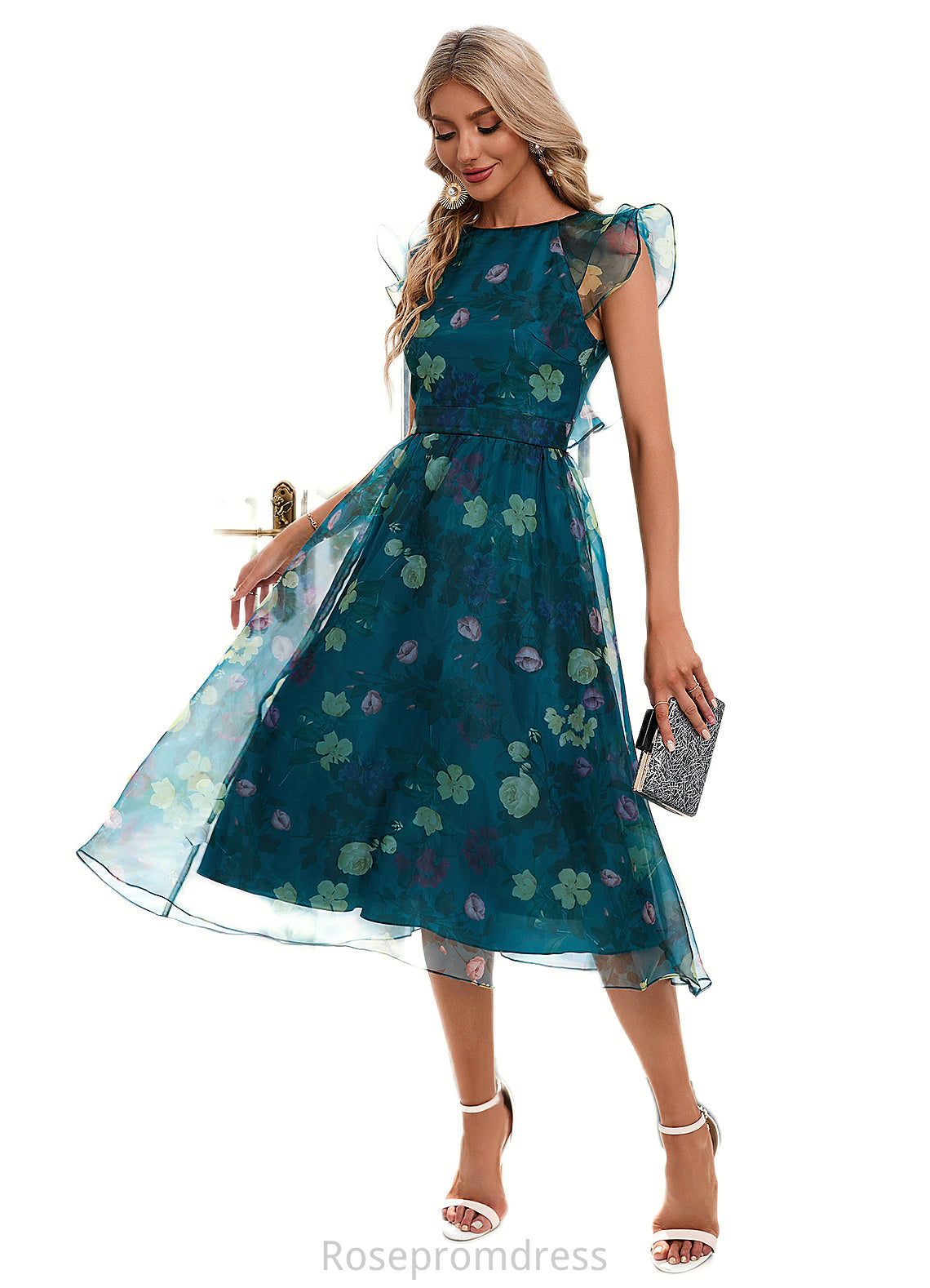 Rylie Floral Print Scoop Elegant A-line Organza Midi Dresses SRSP0022318