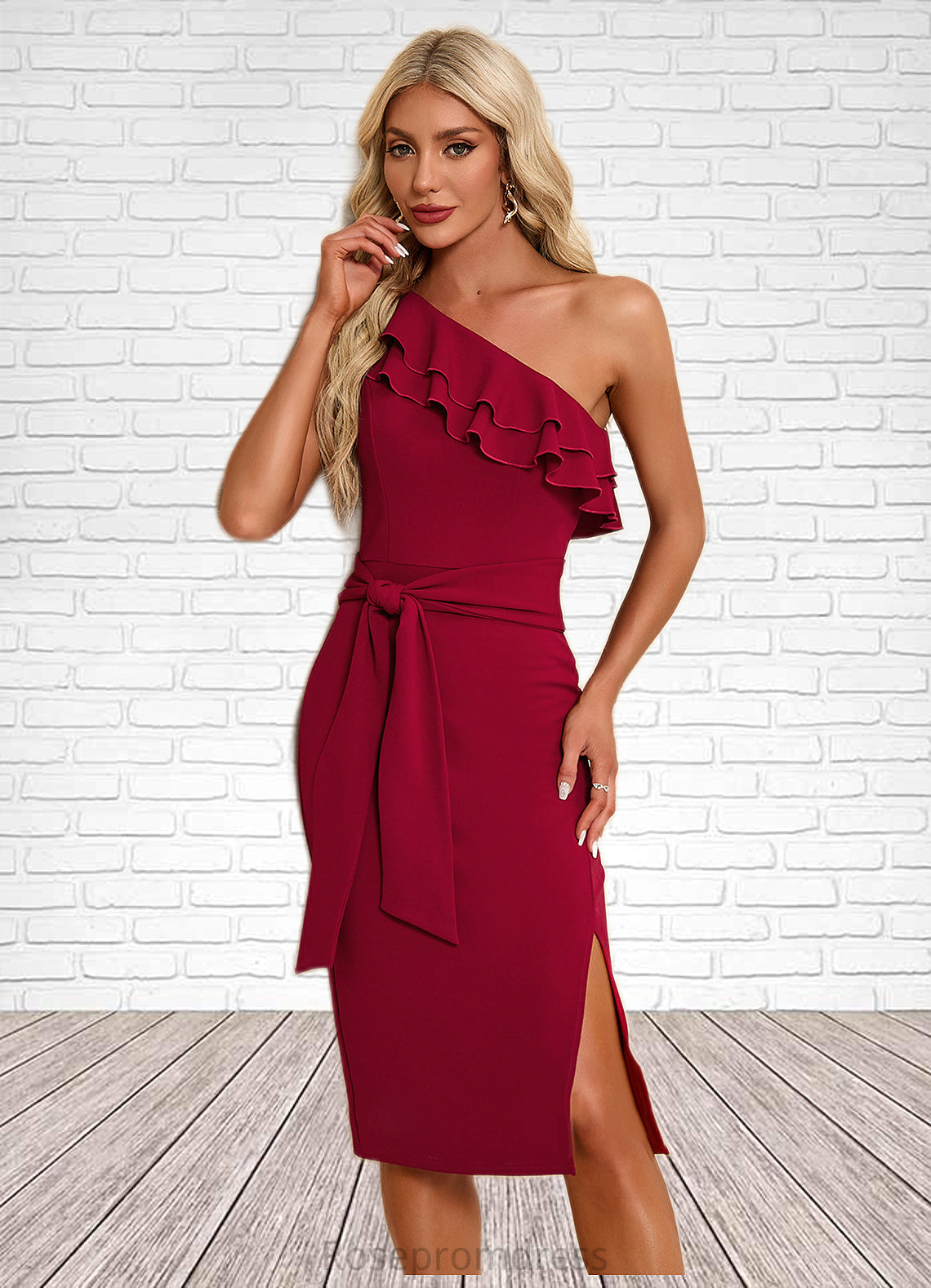 Abagail Ruffle One Shoulder Elegant Bodycon Polyester Midi Dresses SRSP0022326