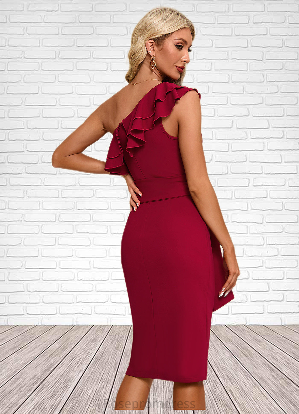 Abagail Ruffle One Shoulder Elegant Bodycon Polyester Midi Dresses SRSP0022326