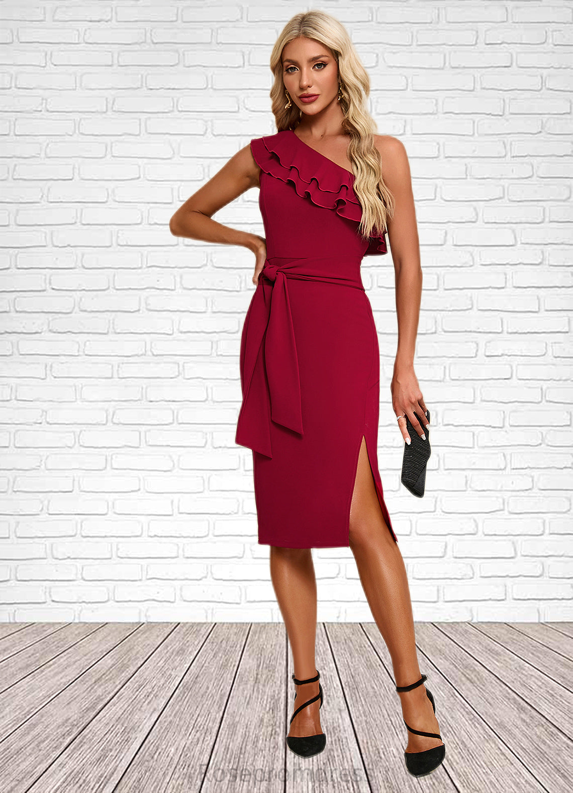 Abagail Ruffle One Shoulder Elegant Bodycon Polyester Midi Dresses SRSP0022326