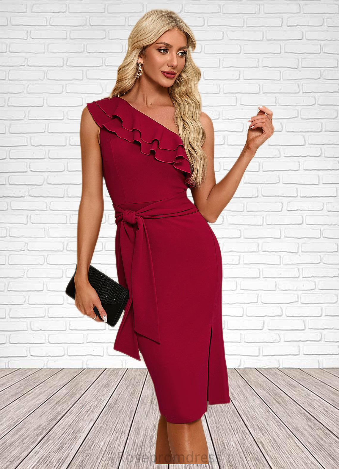 Abagail Ruffle One Shoulder Elegant Bodycon Polyester Midi Dresses SRSP0022326