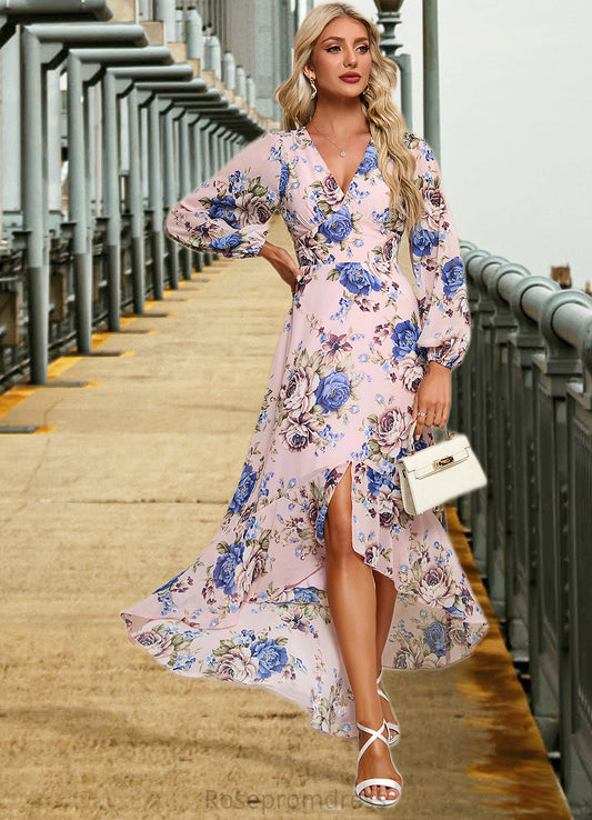 Paris Ruffle Floral Print V-Neck Elegant A-line Chiffon Asymmetrical Dresses SRSP0022327