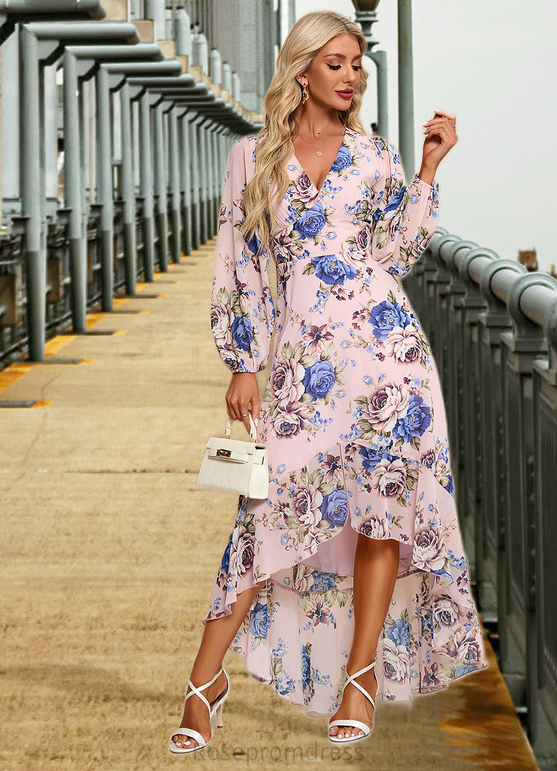 Paris Ruffle Floral Print V-Neck Elegant A-line Chiffon Asymmetrical Dresses SRSP0022327