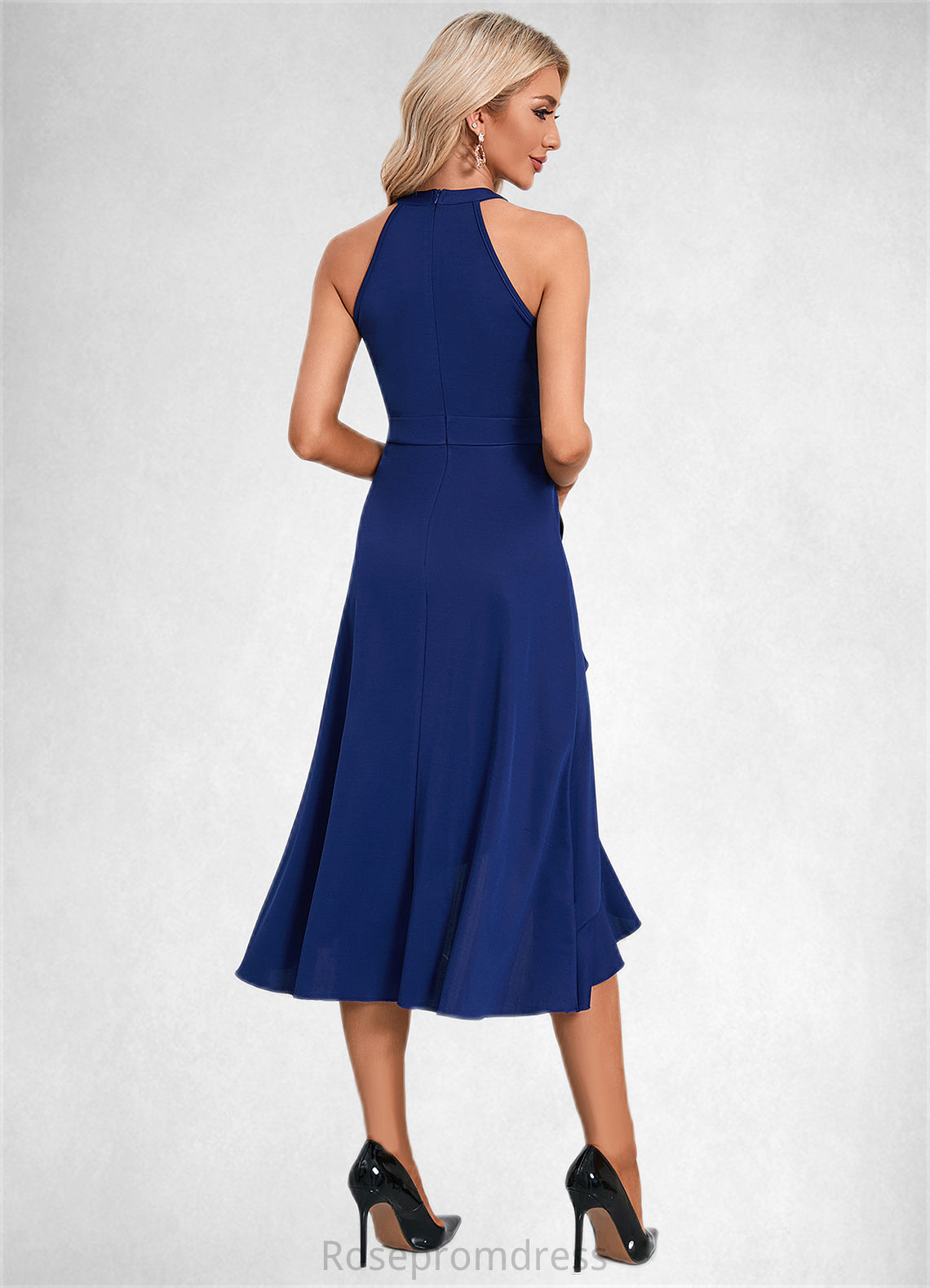 Hedda Cascading Ruffles High Neck Elegant A-line Cotton Blends Asymmetrical Midi Dresses SRSP0022353