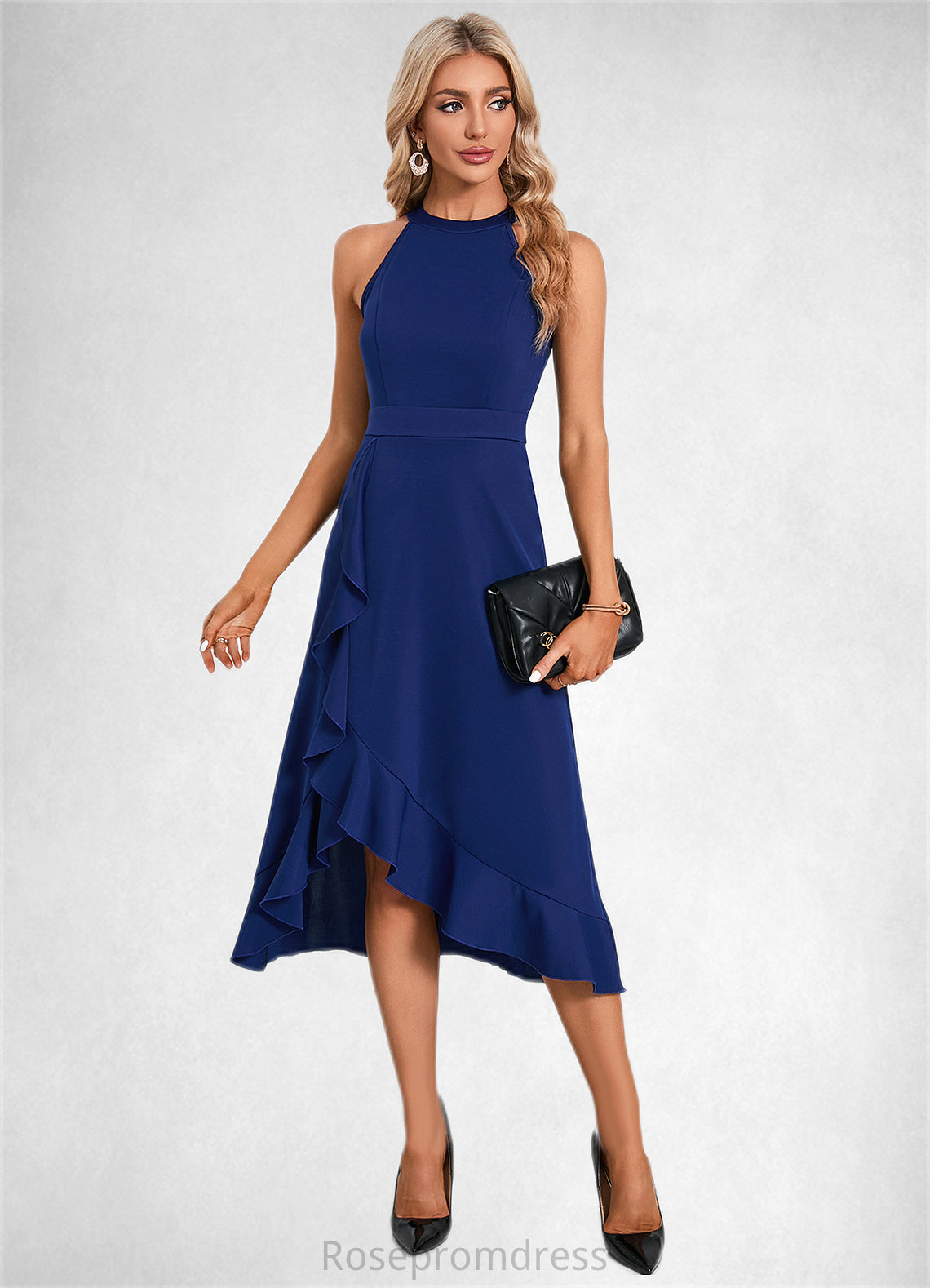 Hedda Cascading Ruffles High Neck Elegant A-line Cotton Blends Asymmetrical Midi Dresses SRSP0022353