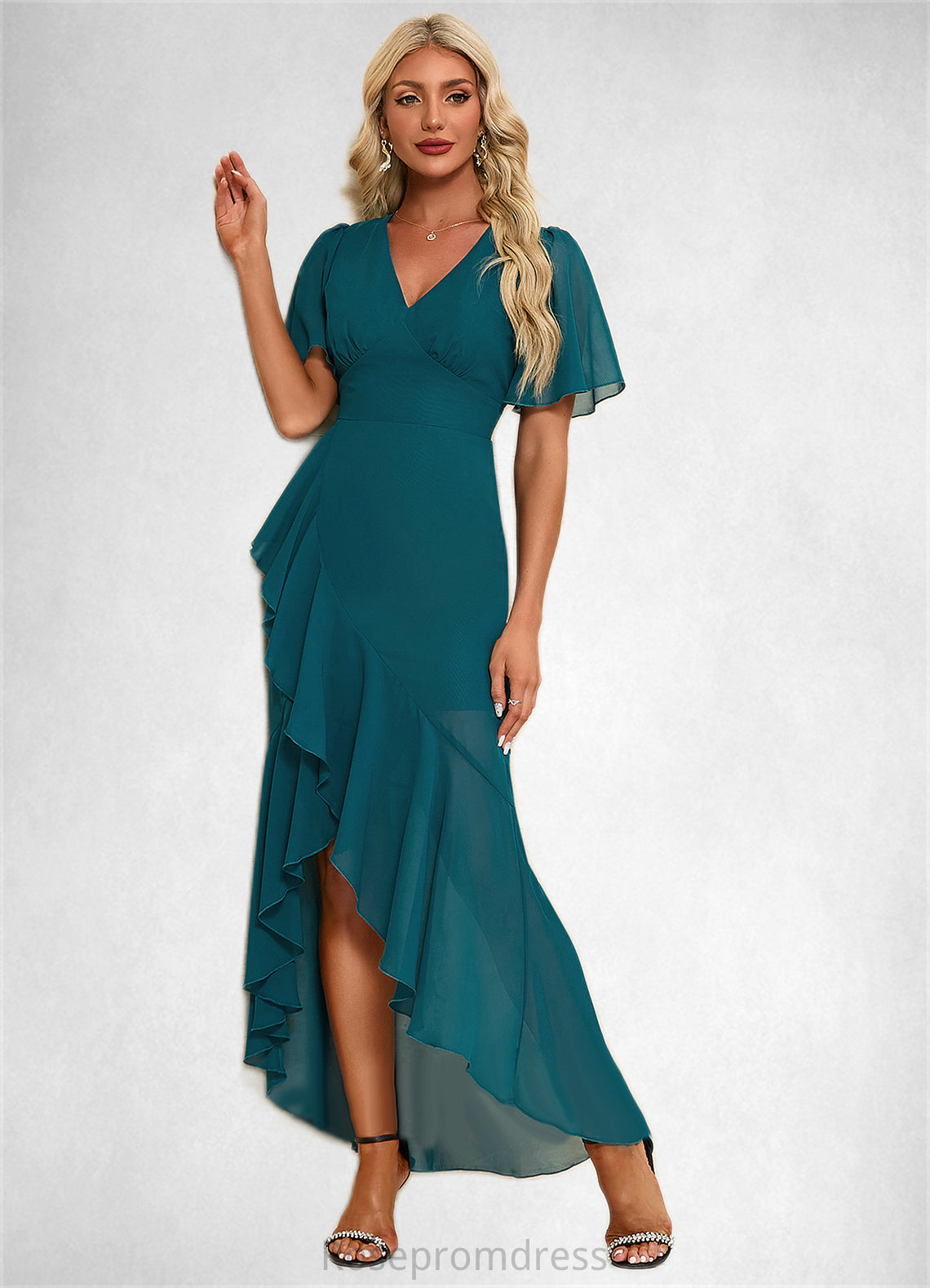 Destiny Ruffle V-Neck Elegant Trumpet/Mermaid Chiffon Asymmetrical Dresses SRSP0022358