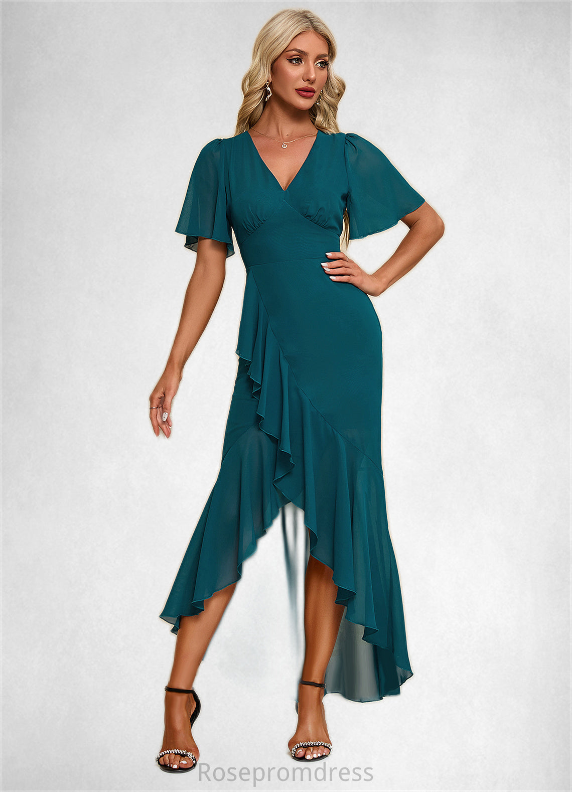 Destiny Ruffle V-Neck Elegant Trumpet/Mermaid Chiffon Asymmetrical Dresses SRSP0022358