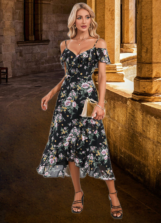 Melany Floral Print Cold Shoulder Elegant A-line Chiffon Asymmetrical Dresses SRSP0022369